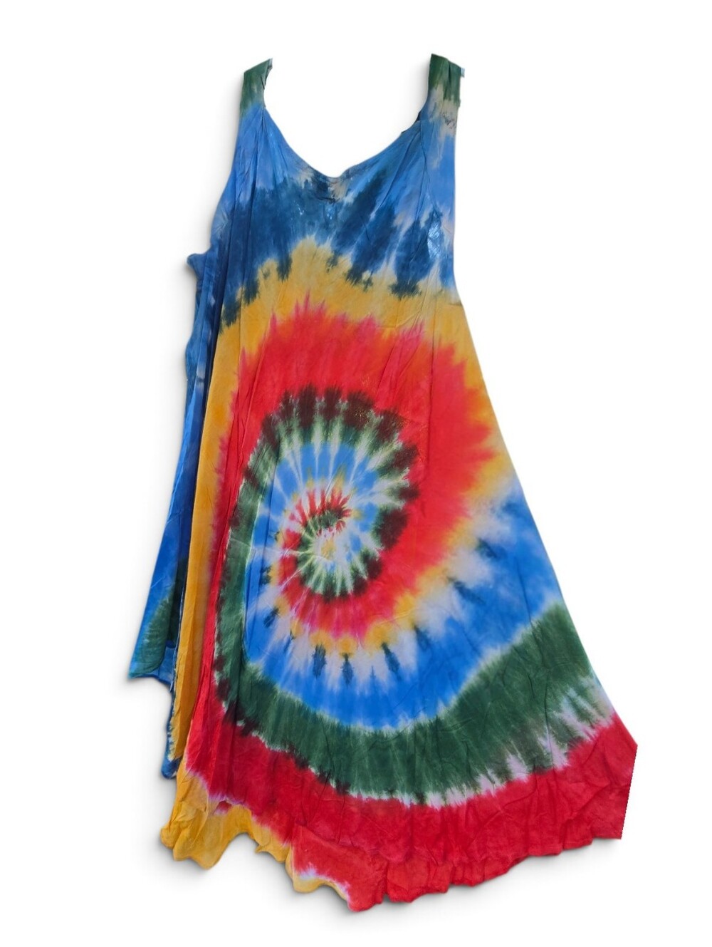 Tie-Dye Sleeveless Boho Dress with Embroidered Neckline One Size